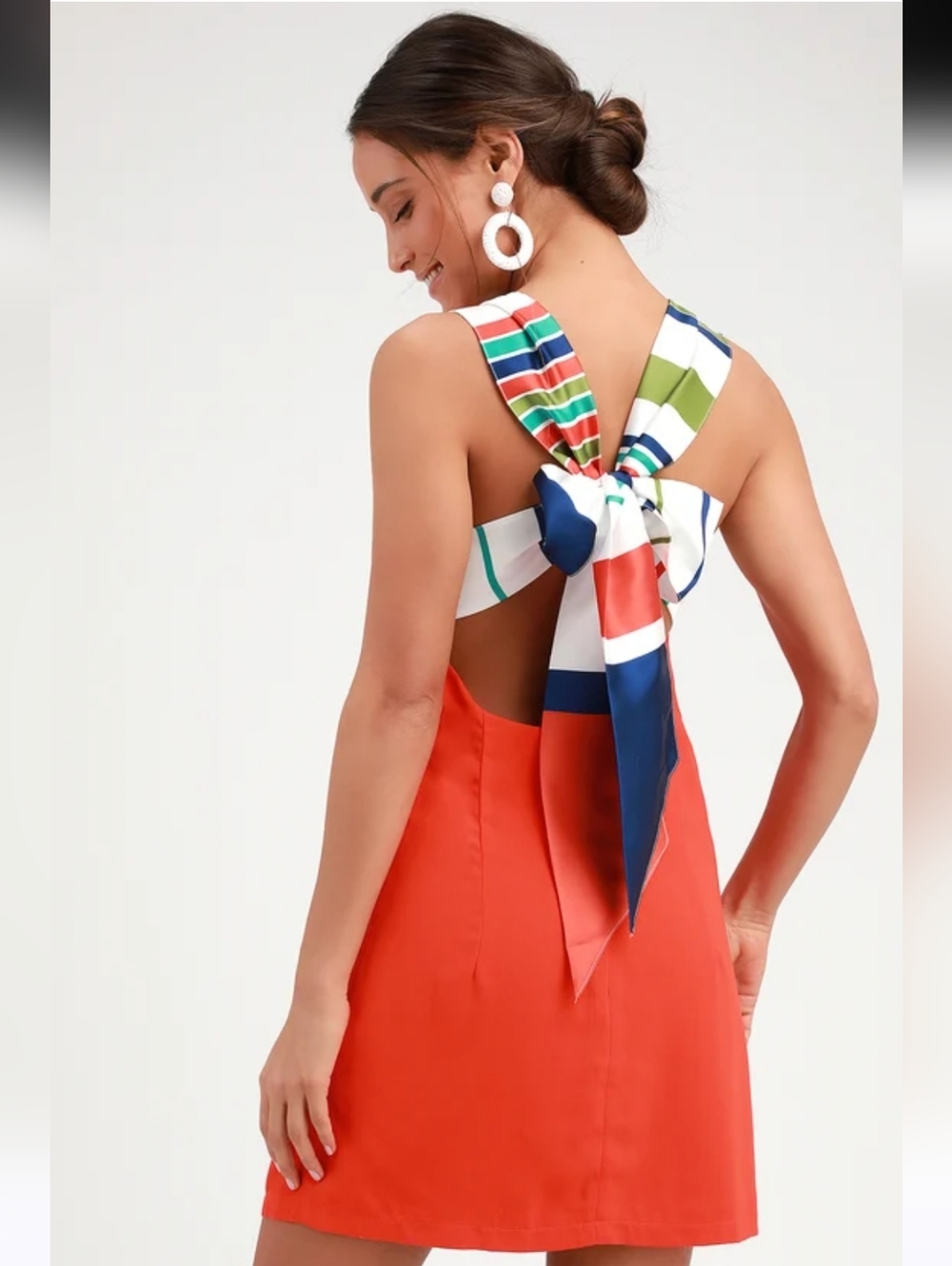 Lulus Joyful Red Orange Multi Stripe Tie-Back Mini Dress